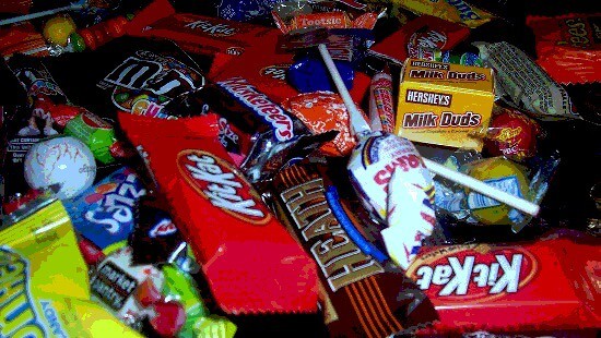 Pile of Halloween candy, including chocolate bars