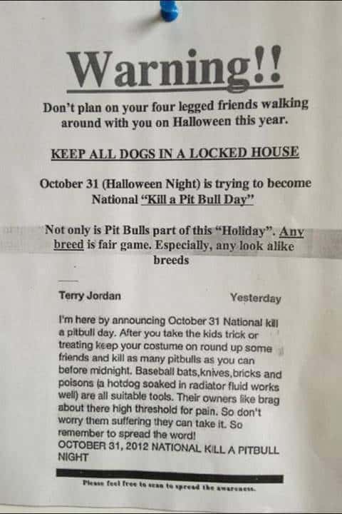 Flyer for National Kill a Pit Bull Day on Halloween